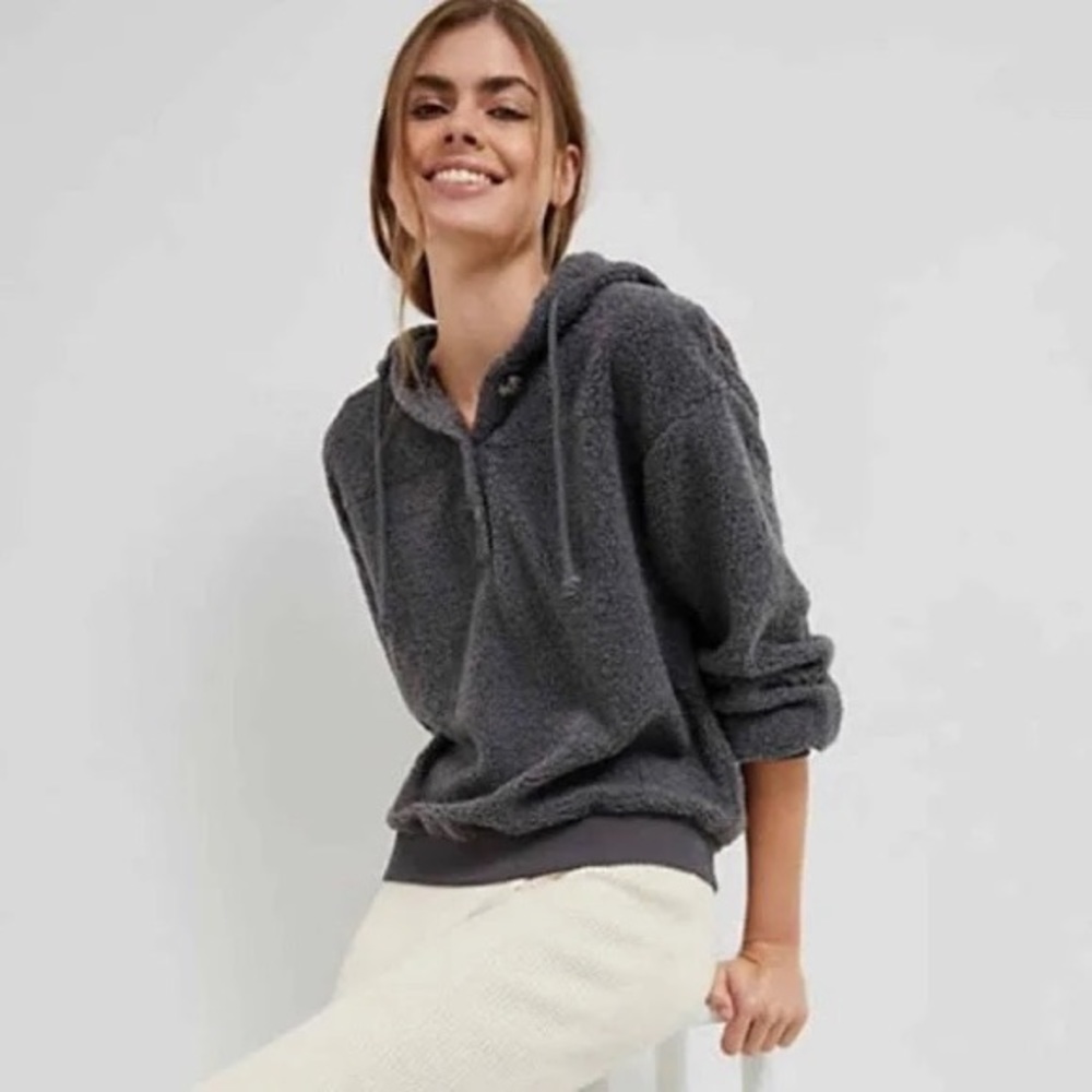 Sherpa gray fuzzy hooded sweatshirt